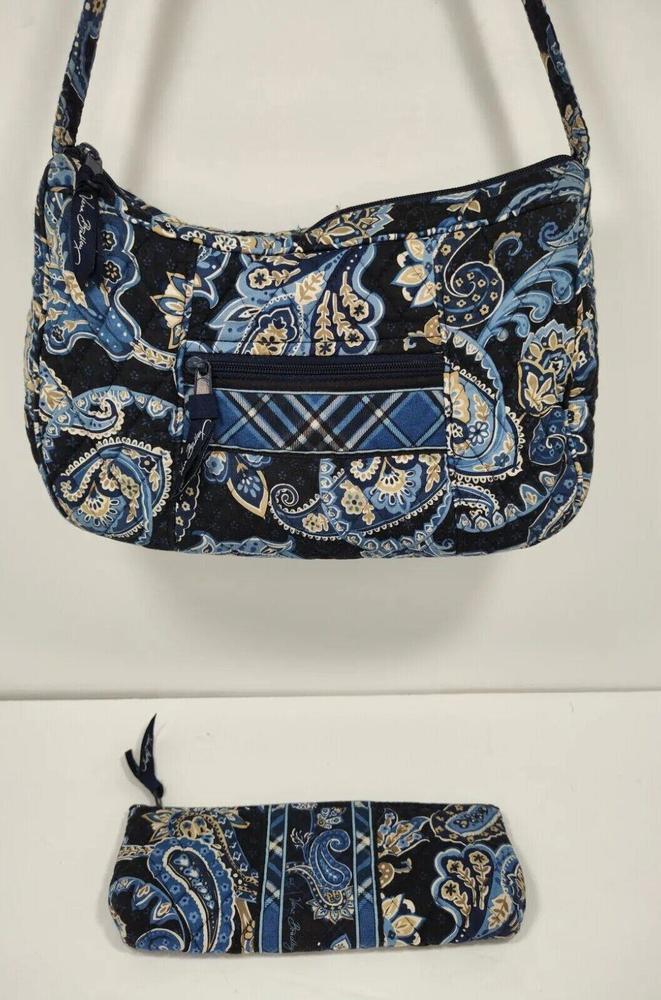 Vera Bradley Windsor Navy Blue Paisley Shoulder Bag Purse w/ Matching Mini Pouch - Picture 2 of 11
